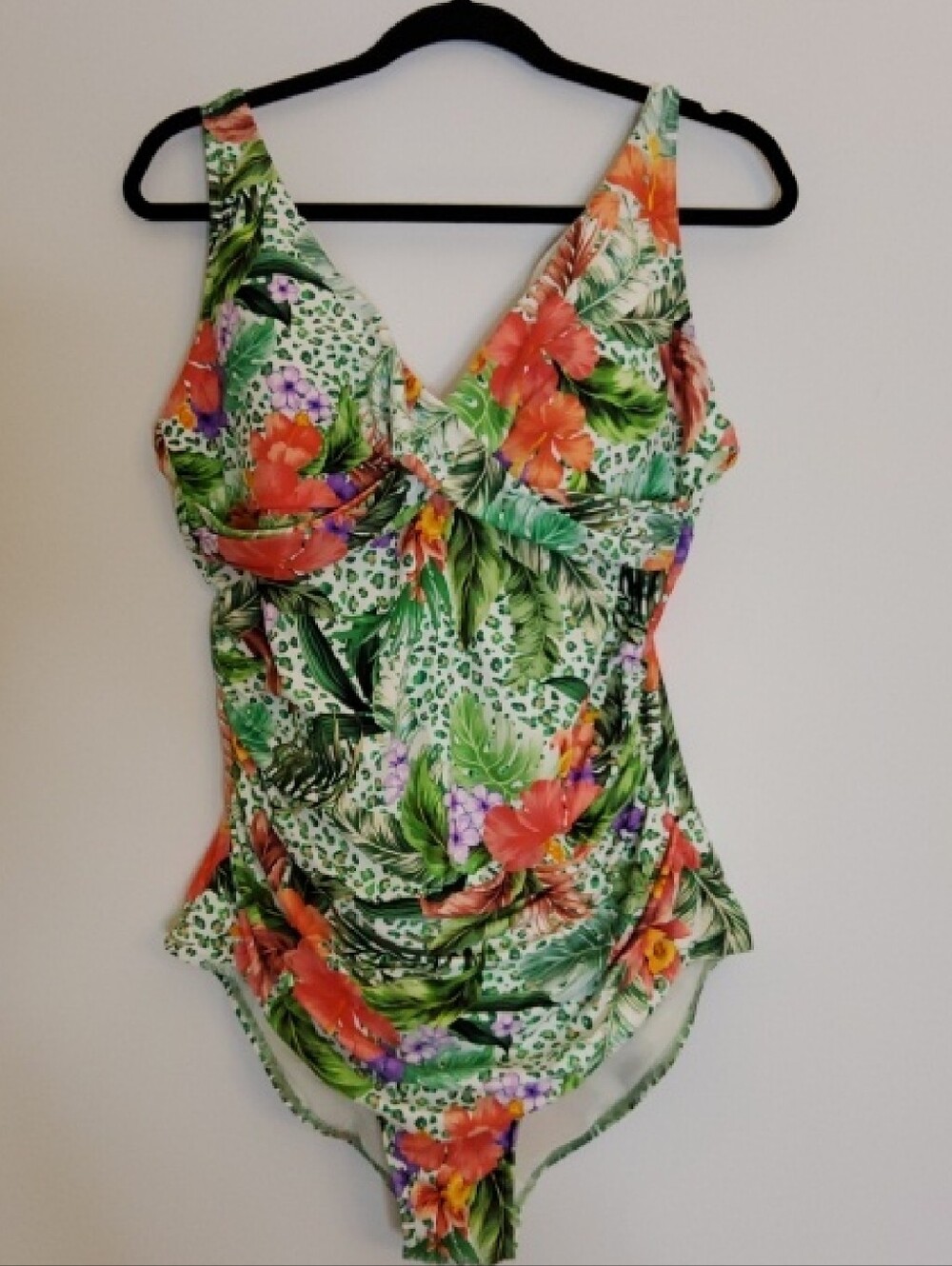 Floral Tropical V-Neck One-Piece Swimsuit - Green/Orange/Pink NWT